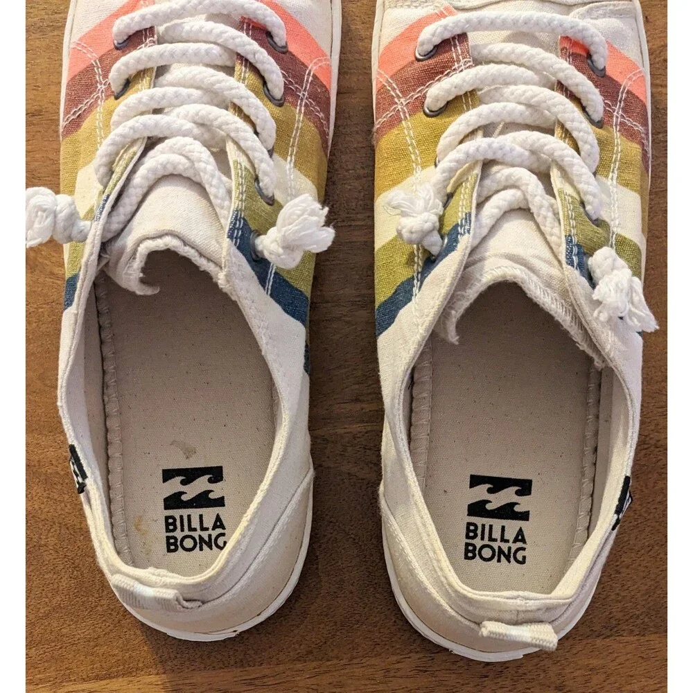 Billabong Marina Honey Gold Multi Striped Canvas Sneakers Women's Size 9.5